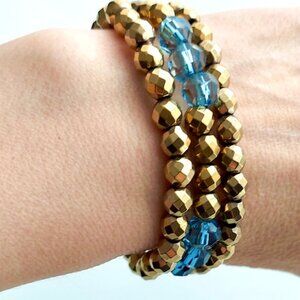 Blue Stone & Gold Hematite Stretch Beaded Bracelet Set